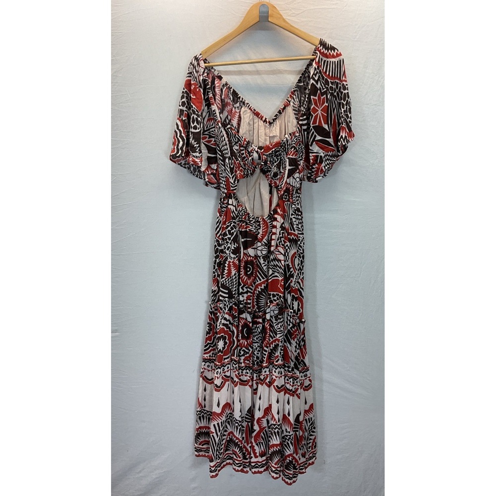 Anthropologie Tiered Maxi Dress Red‎ Black Multicolor Open Back Flowy size LG - Picture 6 of 15